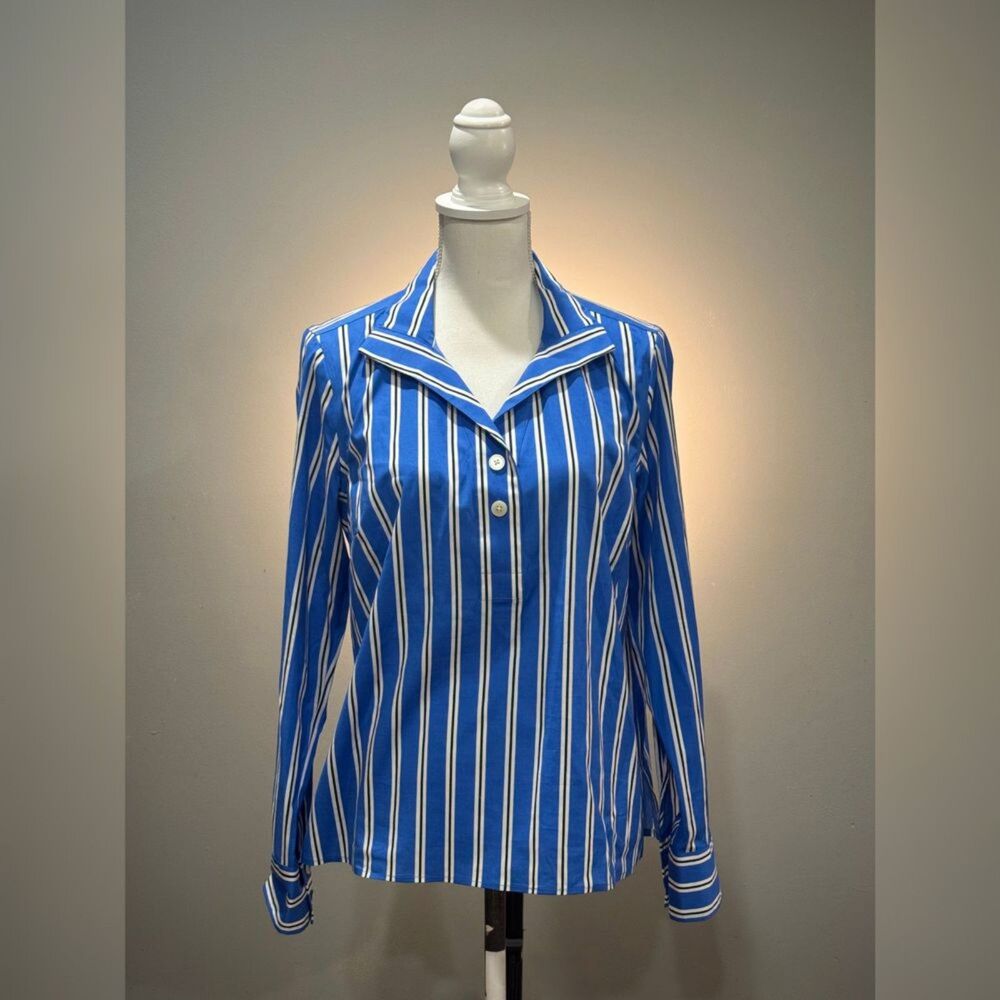 Blue Talbots Striped Non-Iron Half Button Down Shirt Size S